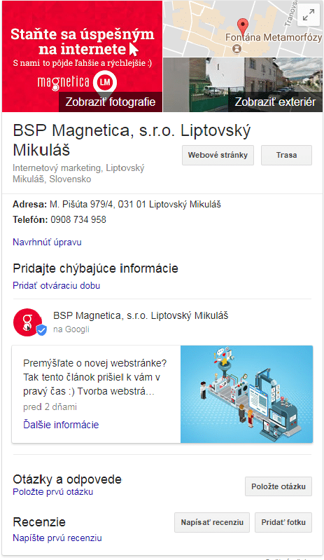 Moja firma na Googli - magnetica.sk