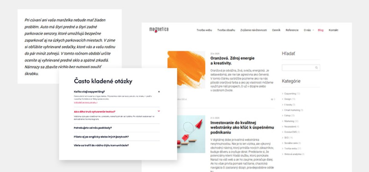 Ukážky obsahu webovej stránky, ktorý rieši potreby zákazníka