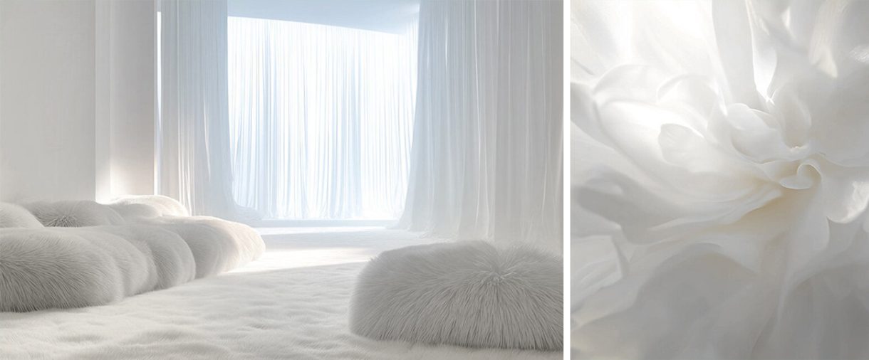 Ukážka farby roka 2026 PANTONE 11-4201 - Cloud Dancer na rôznych materiáloch