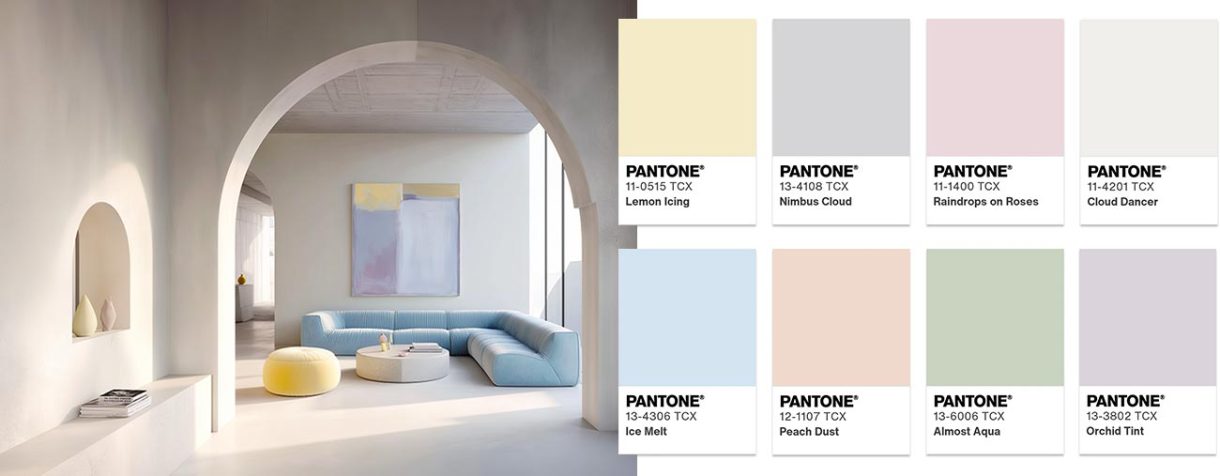 Ukážka použitia farby roka 2026 PANTONE 11-4201 - Cloud Dancer vo farebnej palete Powdered Pastels