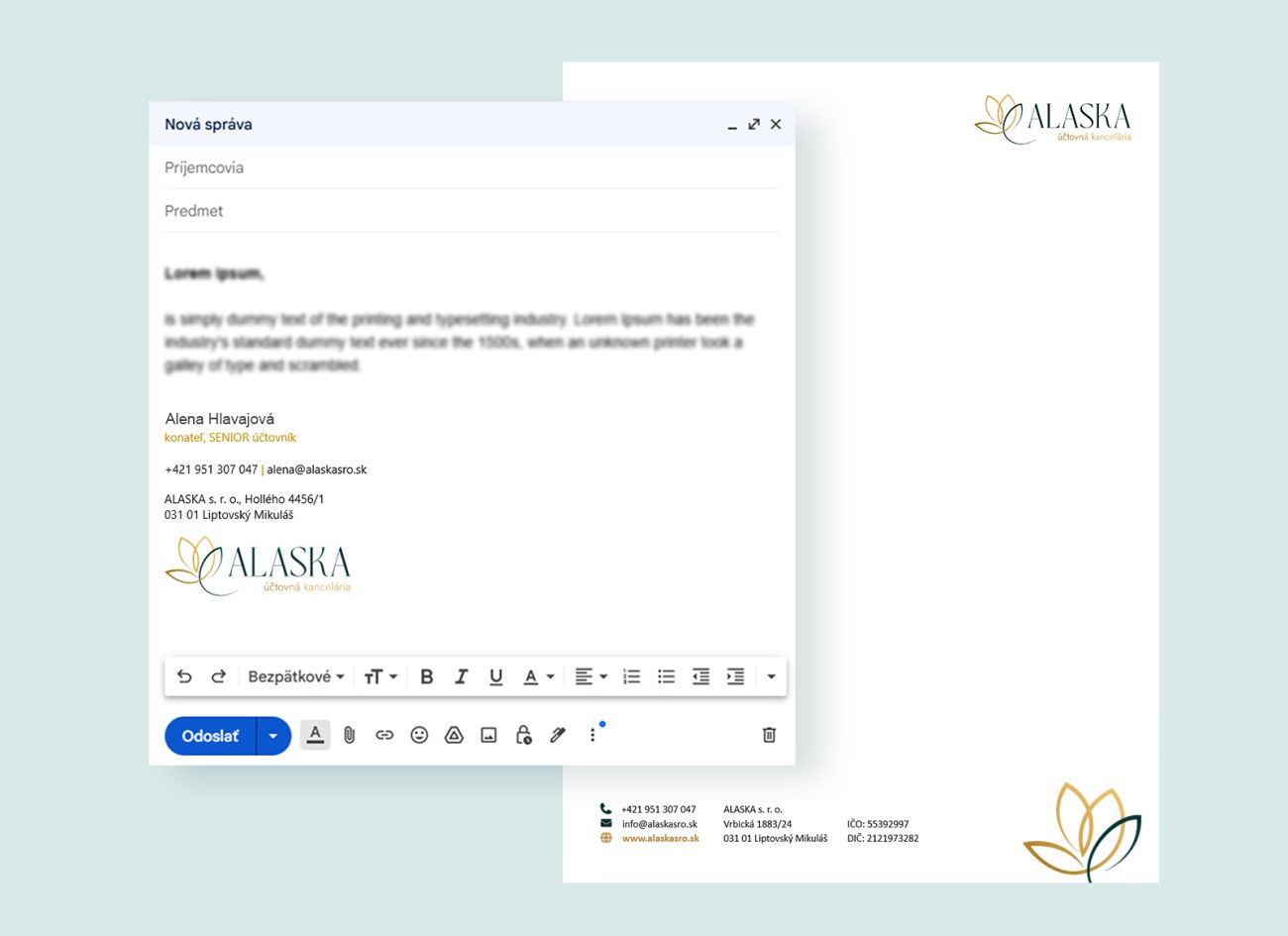 Účtovná kancelária ALASKA - emailový podpis a hlavičkový papier