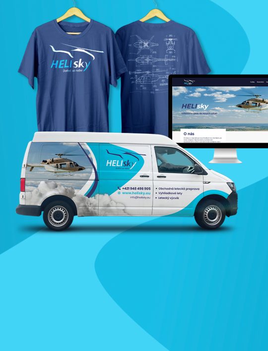 Ukážka brandingu pre helisky.eu - tričko, polep dodávky, web